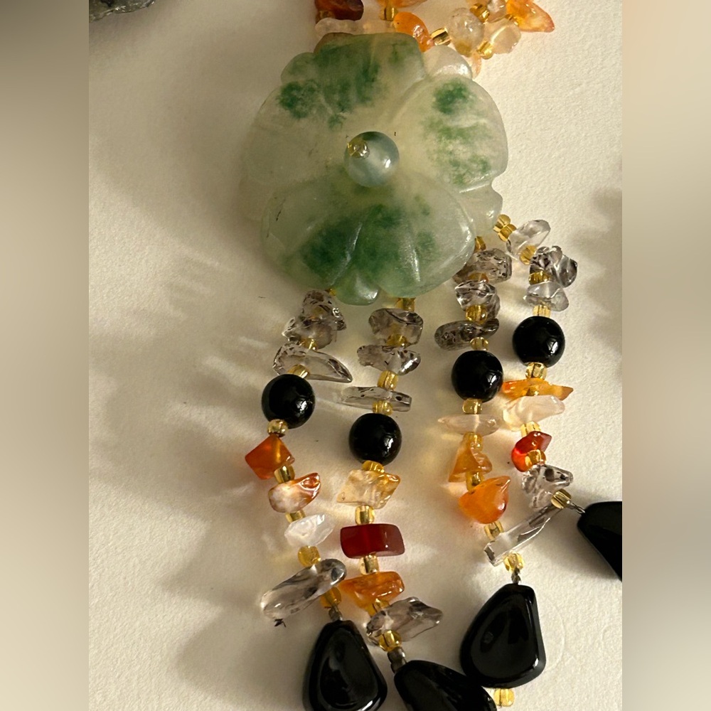 Necklace Artisan Jade flower tassel, Onyx, Rutilated Quartz, Carnelian beads